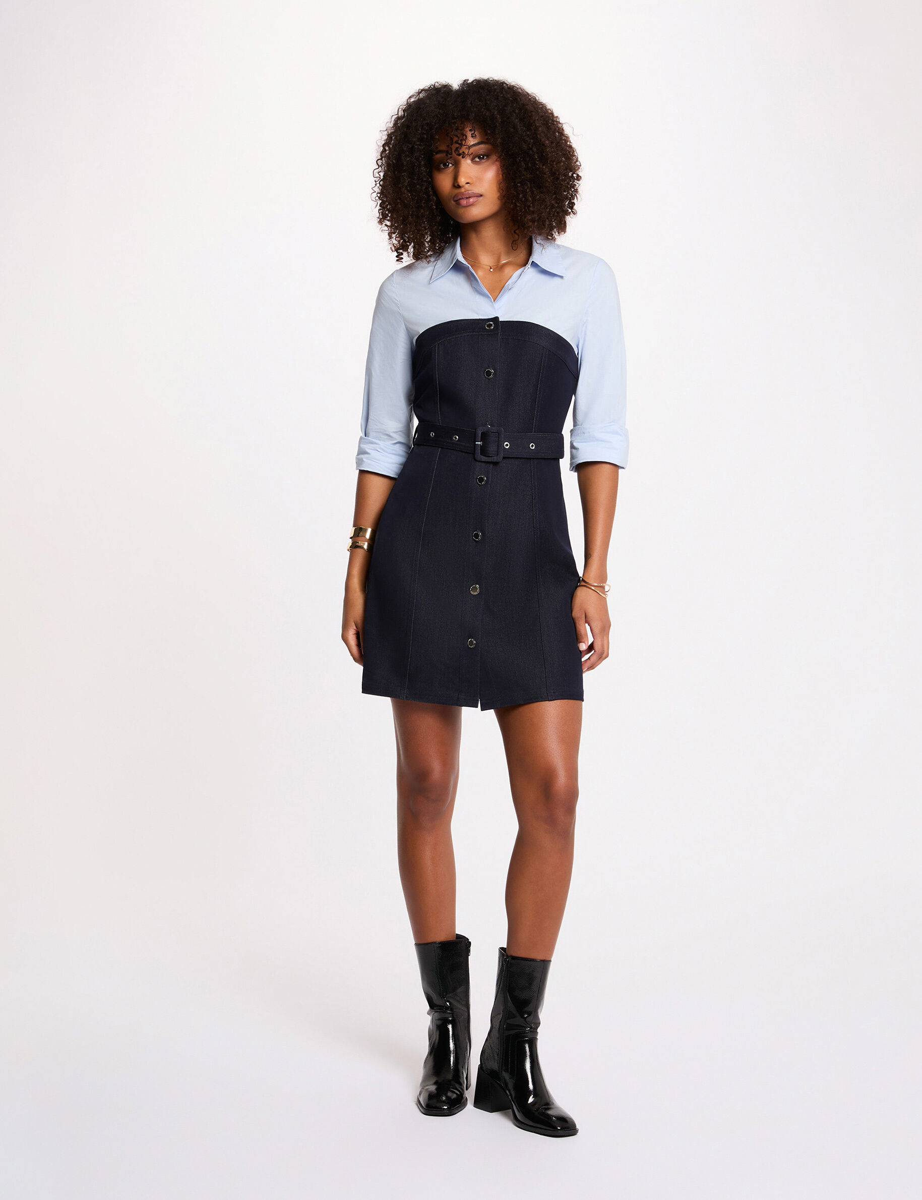 Short 2-In-1 Effect Dress Raw Denim Women