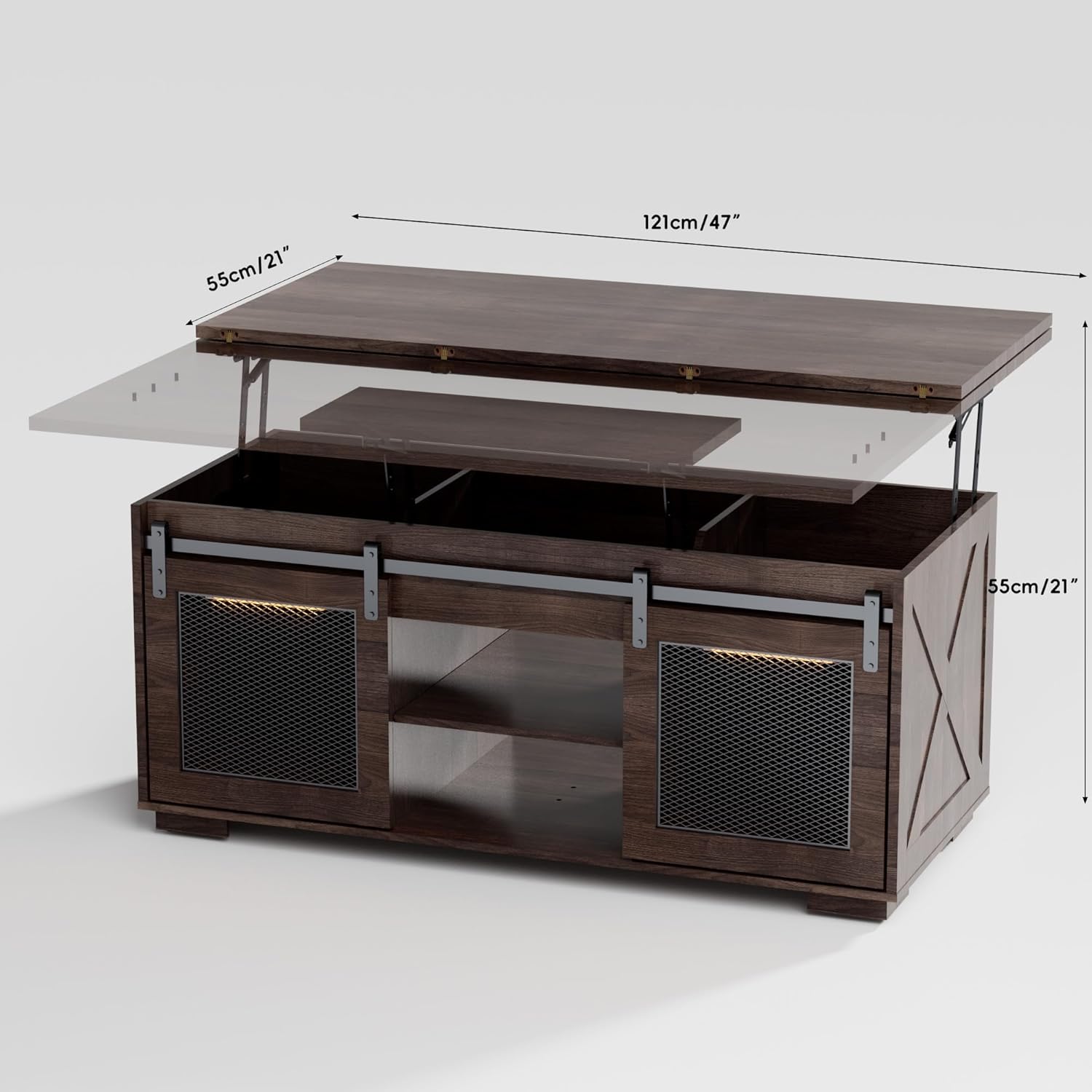 Upgraded Coffee Table with Lifting Top And Sliding Doors, Thick Panels, Industrial Metal Mesh Sides, Dual LED Accent Lights, Large Storage Center farmhouse square Table for Living Room, Dusk Walnut