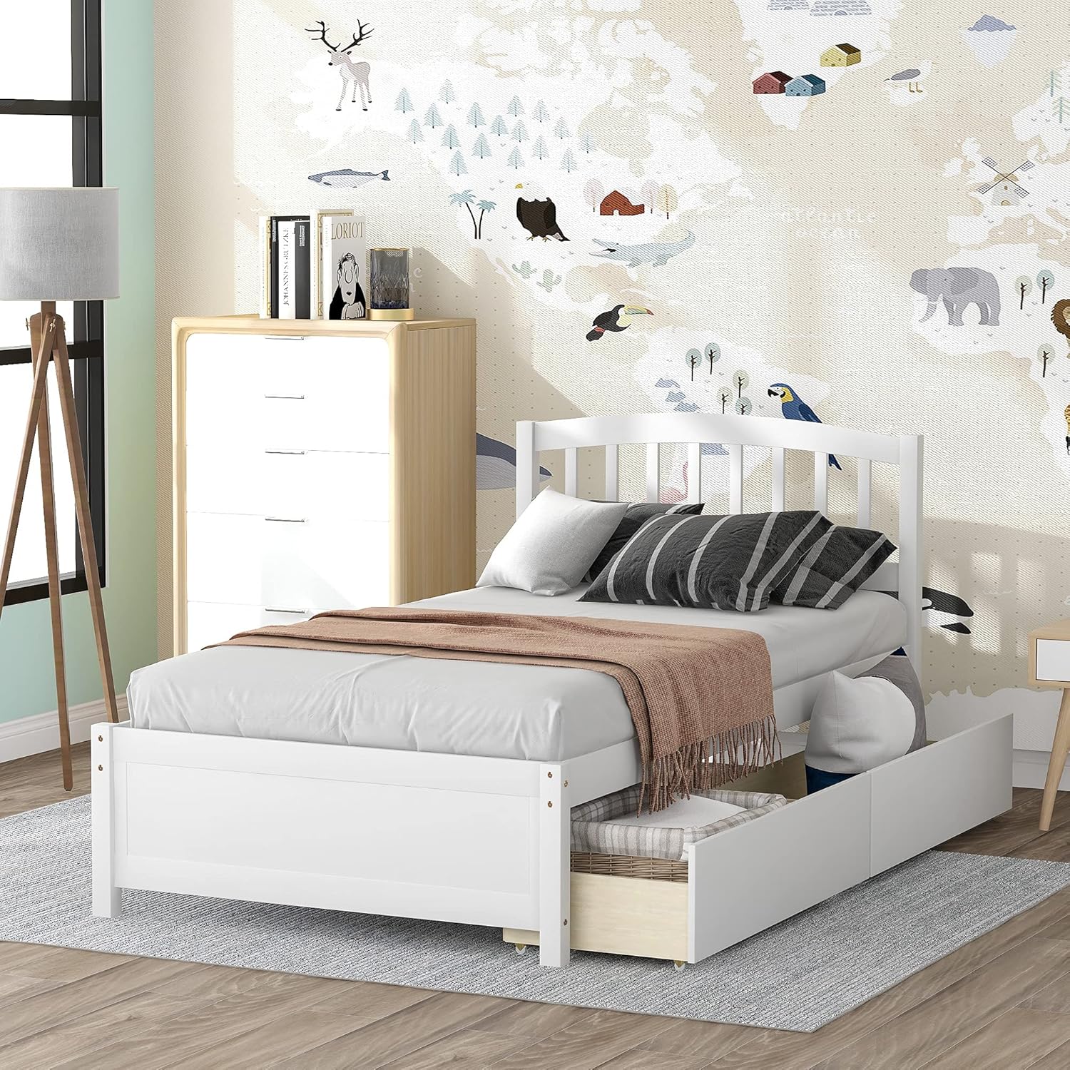 Harper & Bright Designs Twin Storage Bed Frame, Wood Platform Bed with Two Drawers and Headboard, White