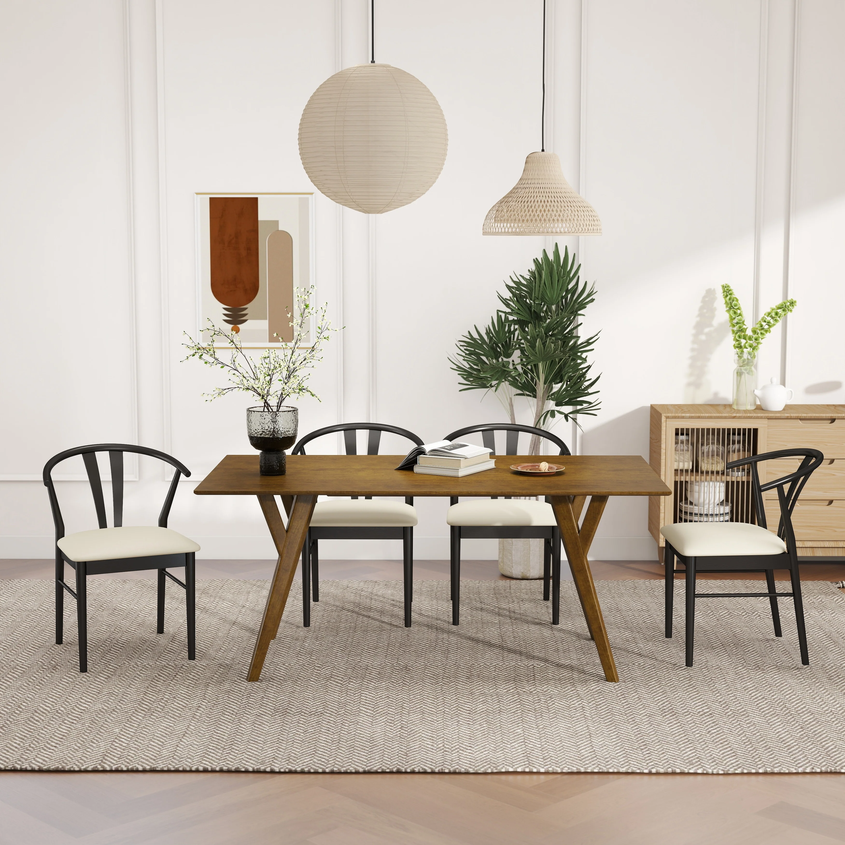 Roundhill Furniture Lavin Modern 5-Piece Dining Set, Walnut Finished Dining Table with 4 Curved Back Chairs