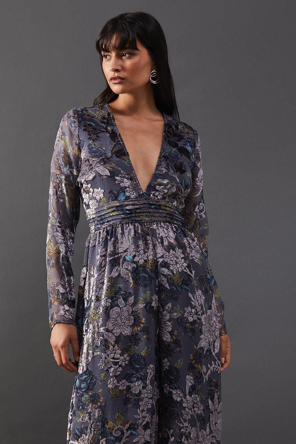 Warehouse Burnout Velvet Plunge Neck Waisted Jumpsuit
