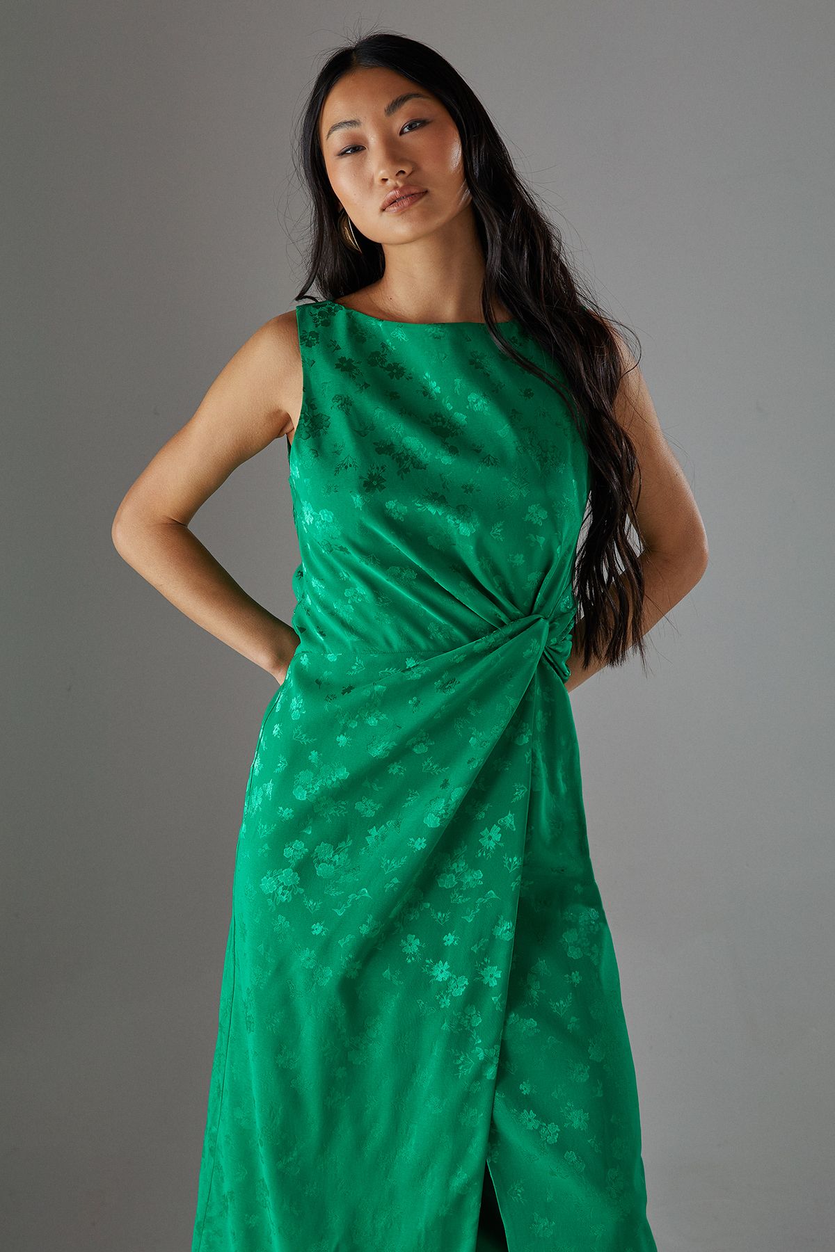 Warehouse Petite Satin Jacquard Feather Twist Front Cowl Back Midi Dress