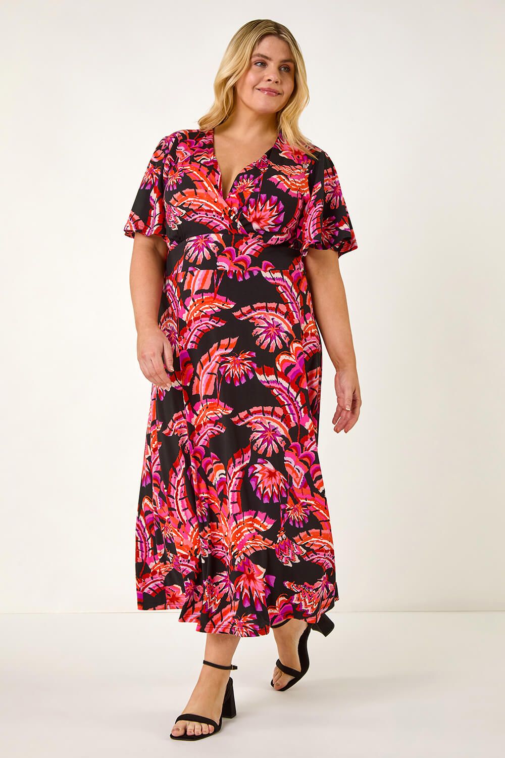 Roman Curve Leaf Print Wrap Midi Dress