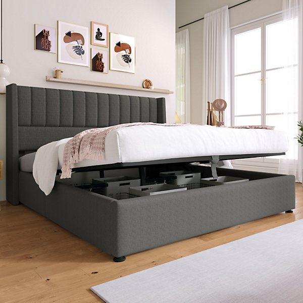 Lit 180x200 cm avec rangement hydraulique, tête de lit rembourrée en lin gris, design moderne et lattes en bois