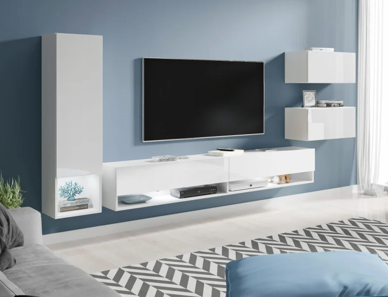 Nowoczesna meblościanka wiszący zestaw RTV 180 cm, biały mat/połysk z LED