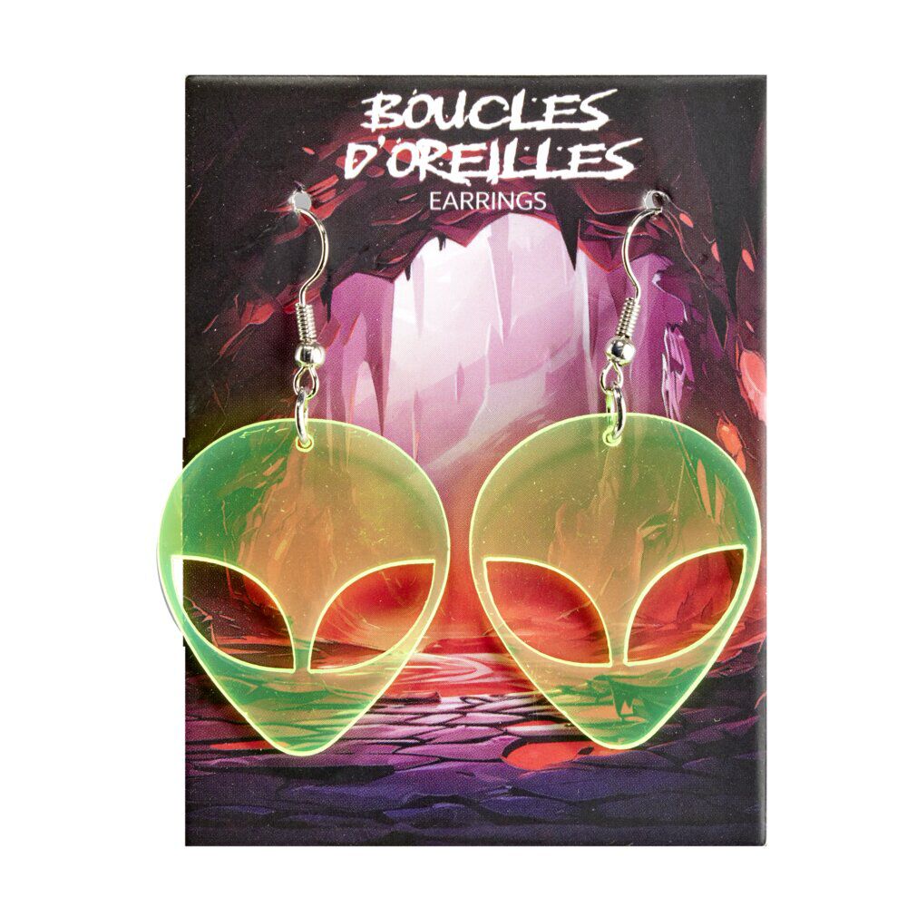 Boucles d'oreilles pendantes alien vert L5cm