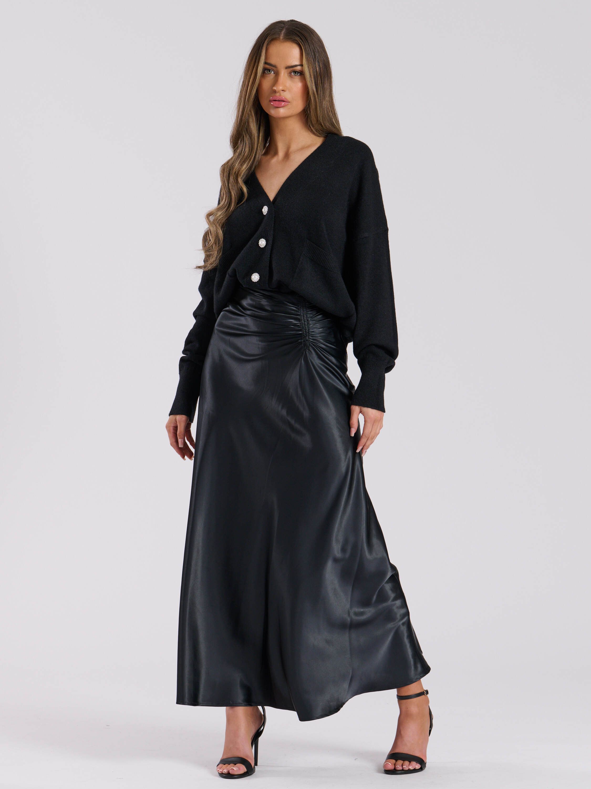 Finding Friday Satin Ruche Detail Aline Midi Skirt