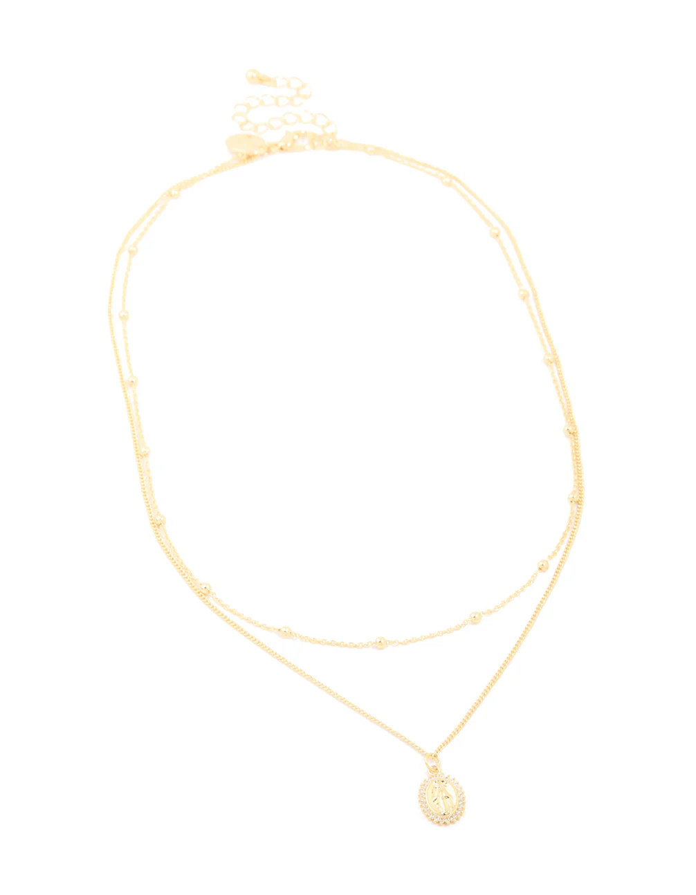 Gold Plated Brass Cubic Zirconia Mary Pendant & Ball Chain Layered Necklace