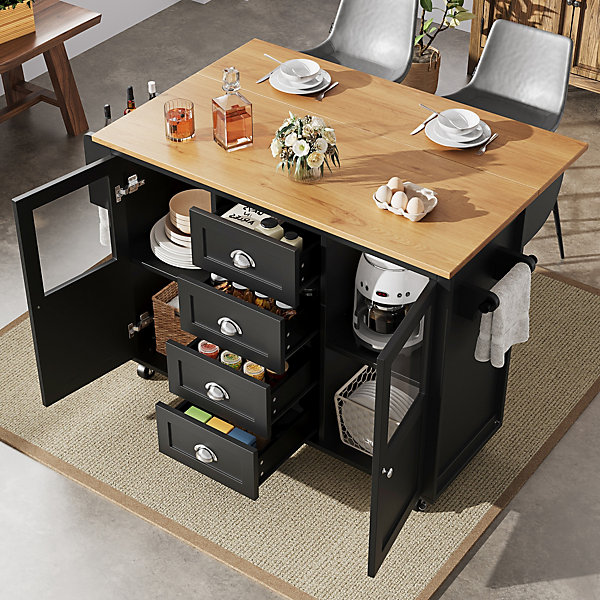 Îlot de cuisine 137,9 x 73 x 92,5 cm, est doté d'une double porte, de quatre tiroirs et d'étagères réglables, noir