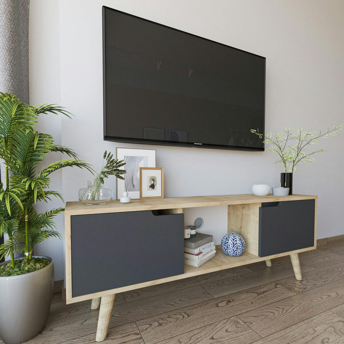 Petit meuble TV 2 portes grises cadre effet bois clair MARFA