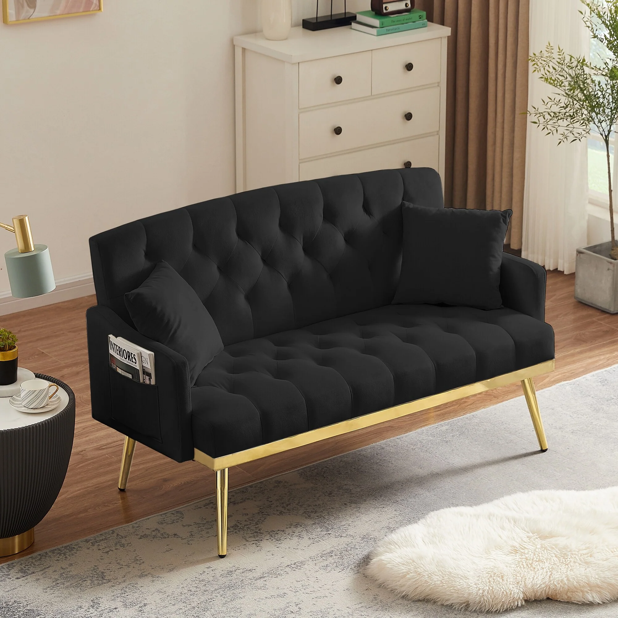Black Velvet 2-Seater Sofa 55 Inch Tufted Back Gold Metal Legs Contemporary