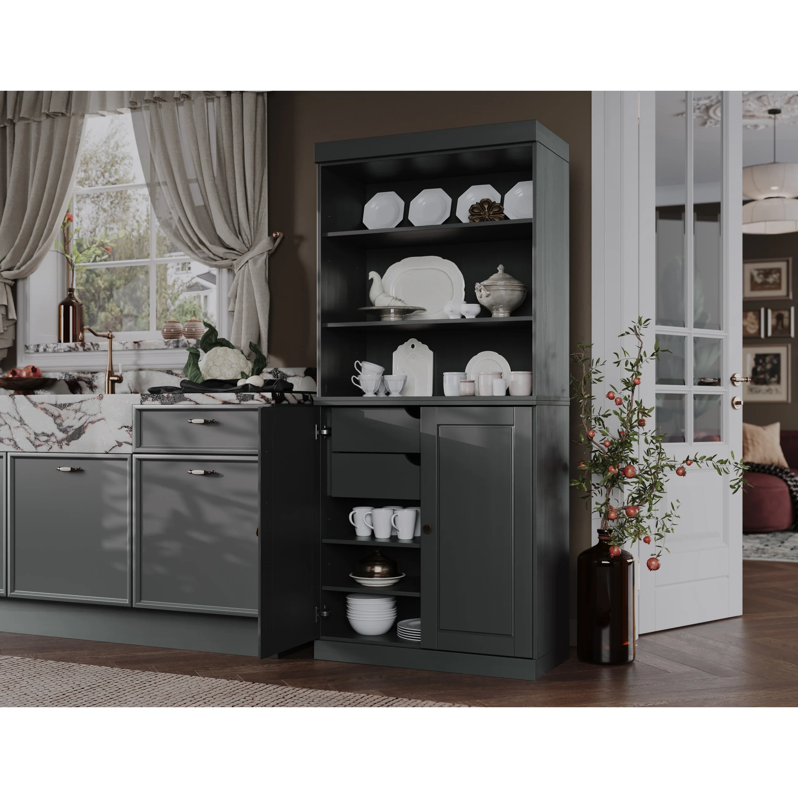 100% Solid Wood Kitchen Pantry Cabinet with 2 Clear Glass or Solid Wood Doors and 2-Drawer Organizer by Palace Imports