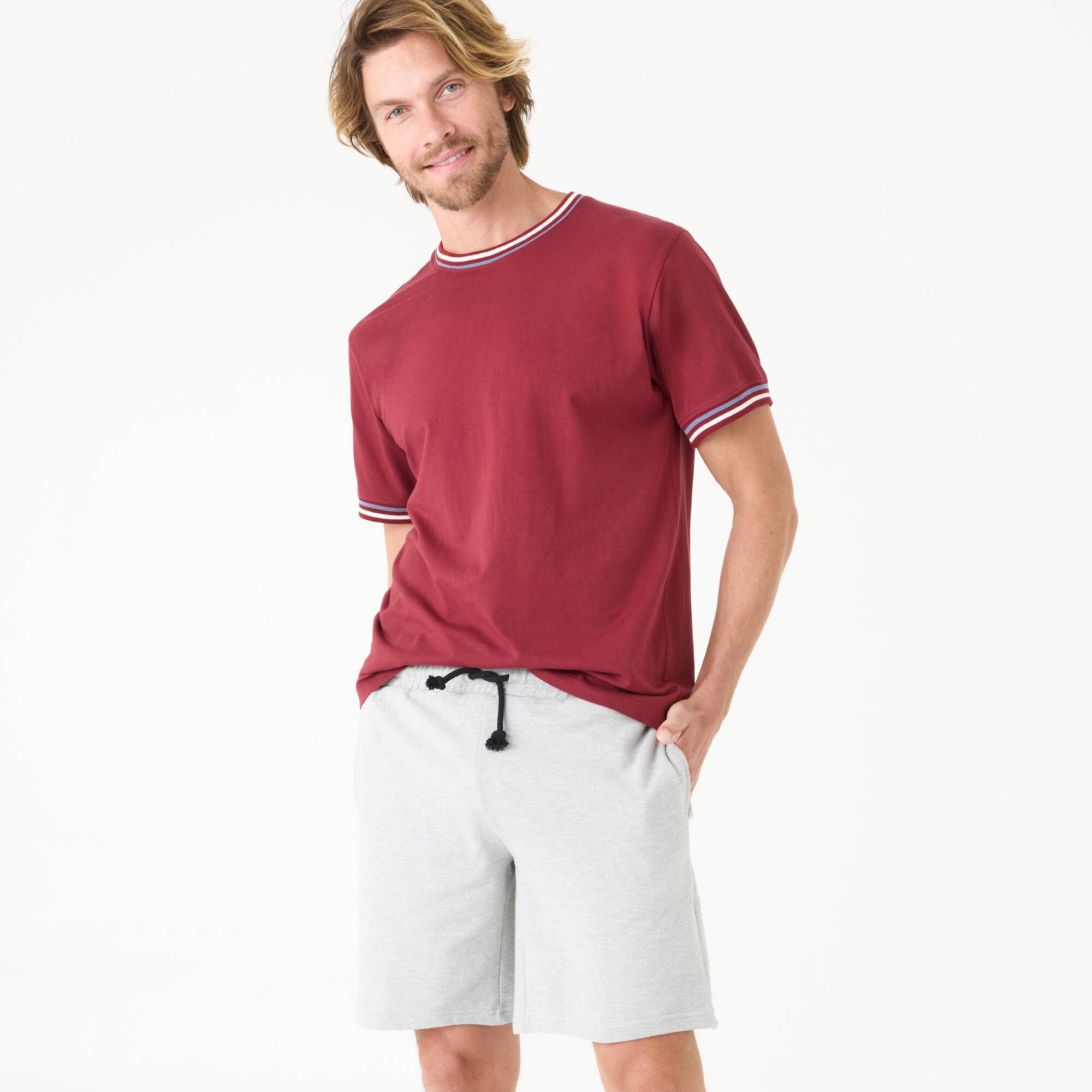 T-shirt uni manches courtes détails rayés