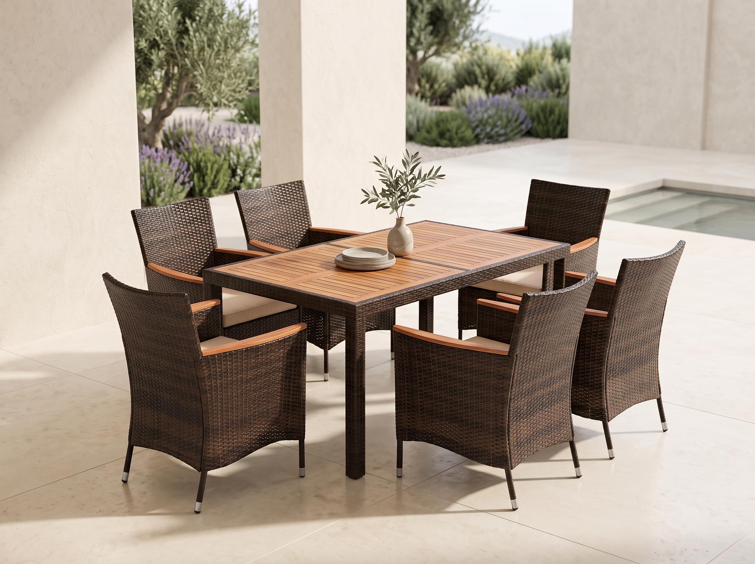 7 Piece Outdoor Patio Dining Set, Acacia Wood Table, 6 Stackable Wicker Chairs, PE Rattan Garden Furniture with Cushions