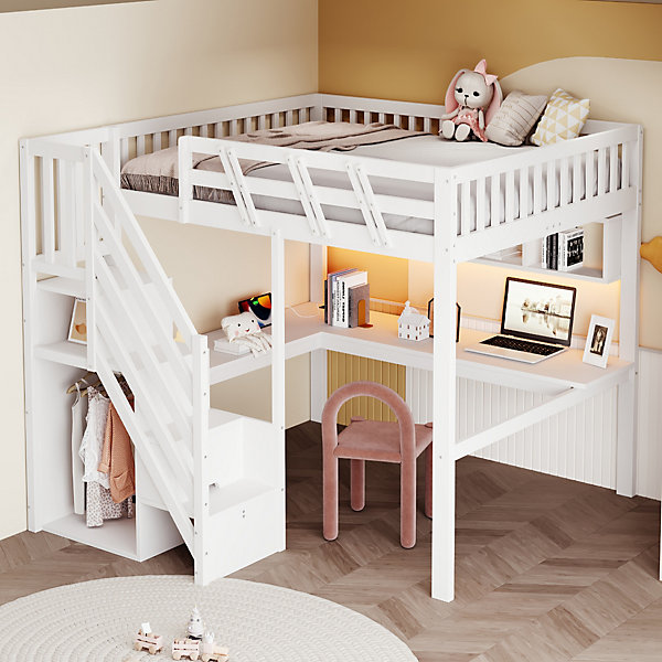 Lit Mezzanine 140x200 cm - Lit Ado avec Escalier et Rangement, Bureau Intégré avec LED et USB - Sans Matelas - Bois Blanc