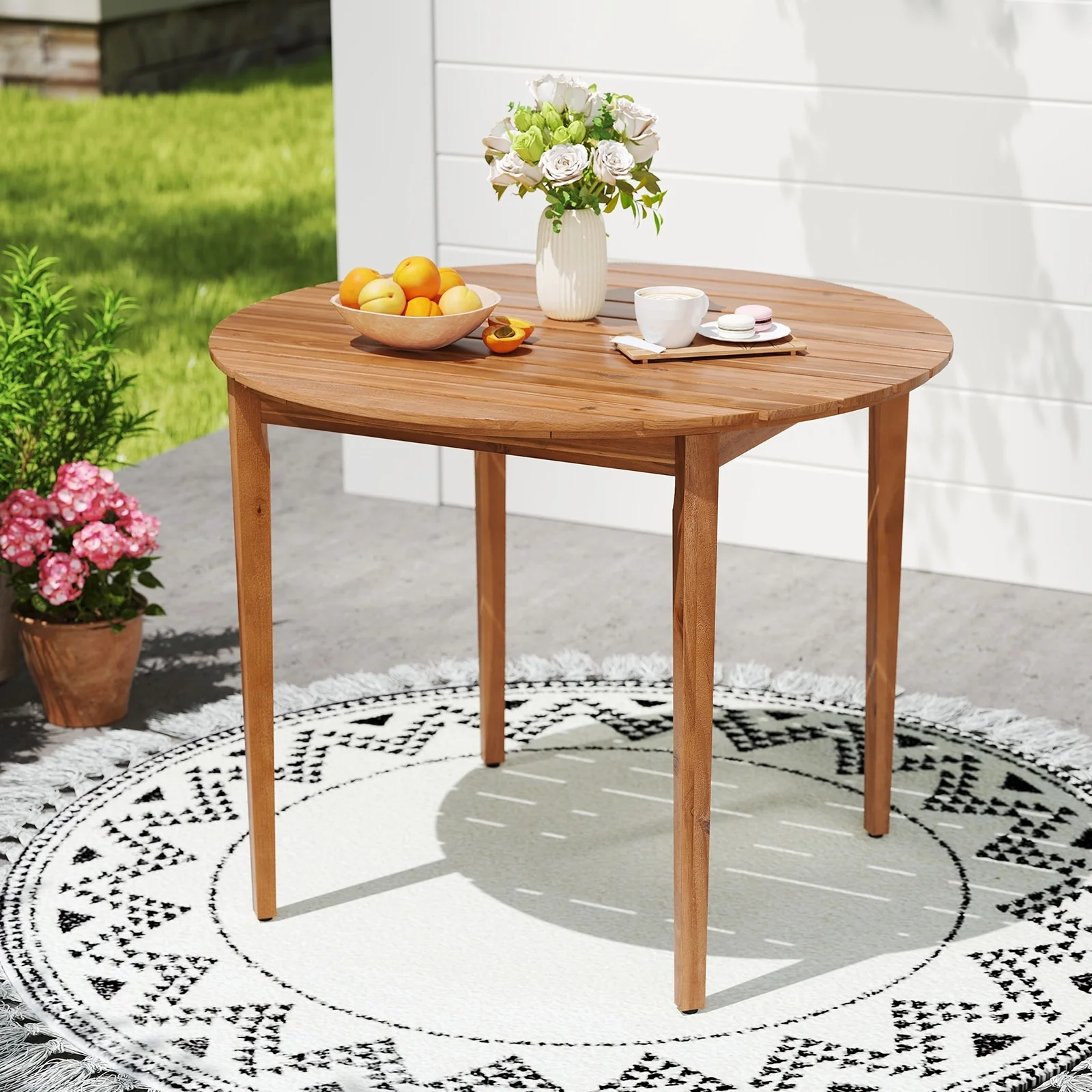 Natural Acacia Wood Round Dining Table Slatted Top for 4 with Foot Pads - 36 L x 36” W x 28 H