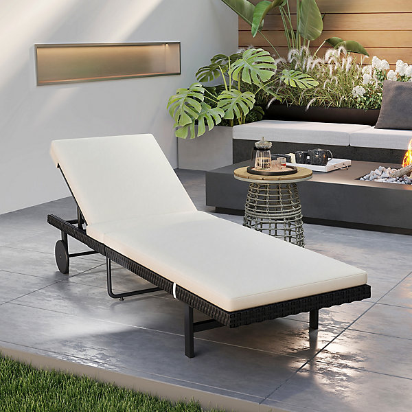 Bain de soleil transat inclinable 2 roues - épais matelas intégré blanc cassé -acier résine tressée noir