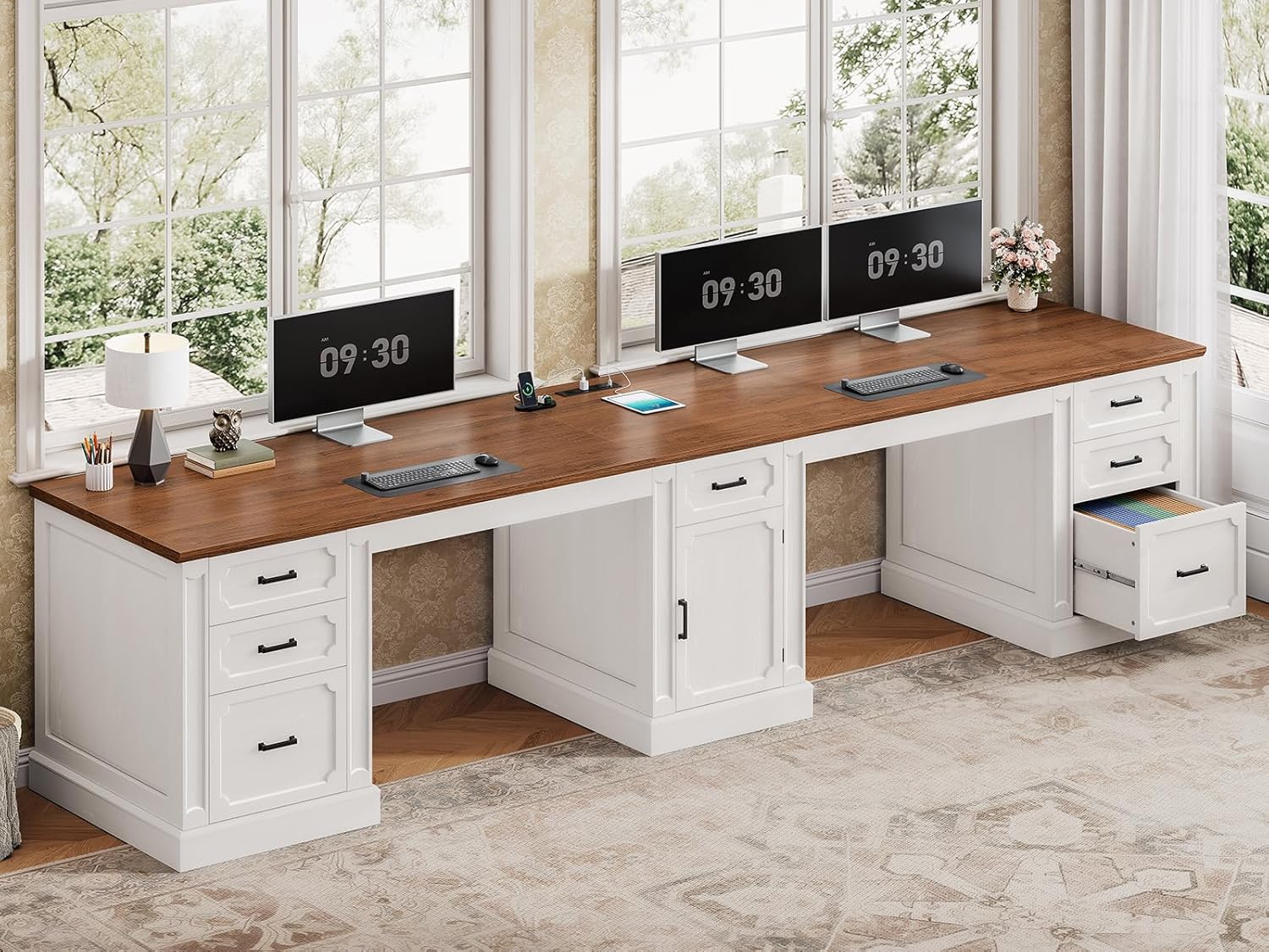 SEDETA Farmhouse 110.3 Two Person Desk with 7 Drawers, Long Computer Desk with Storage Cabinet, 2 Person Desk with Power Outlets for Home Office, White