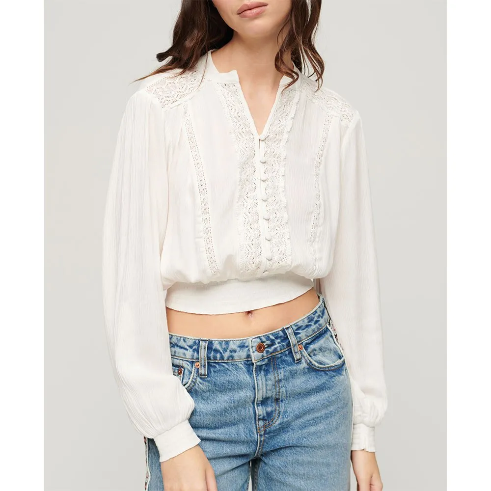 Superdry Lace Trim Smocked long sleeve blouse