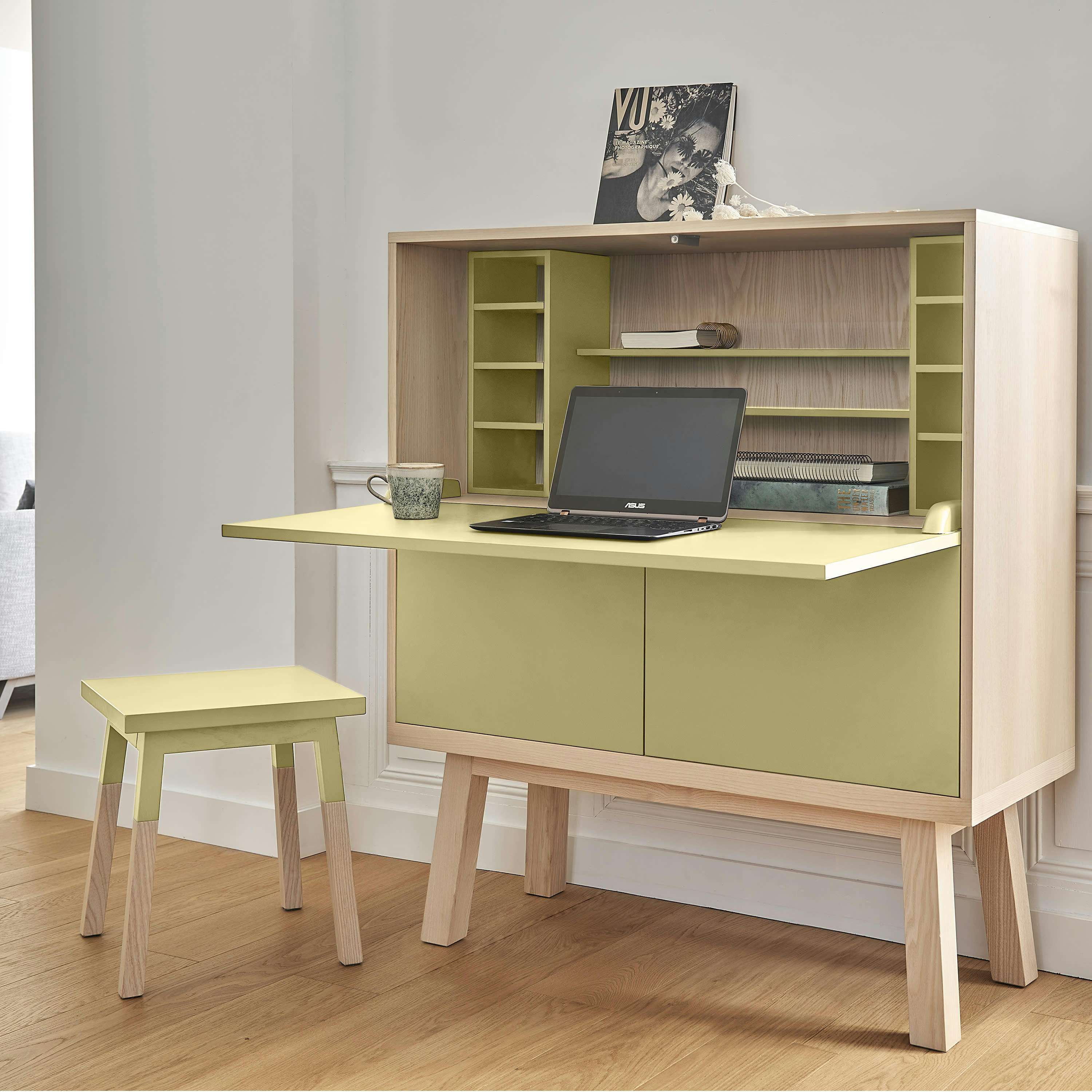 KUBE - Bureau secrétaire avec rangement, 120 cm de large, en frêne