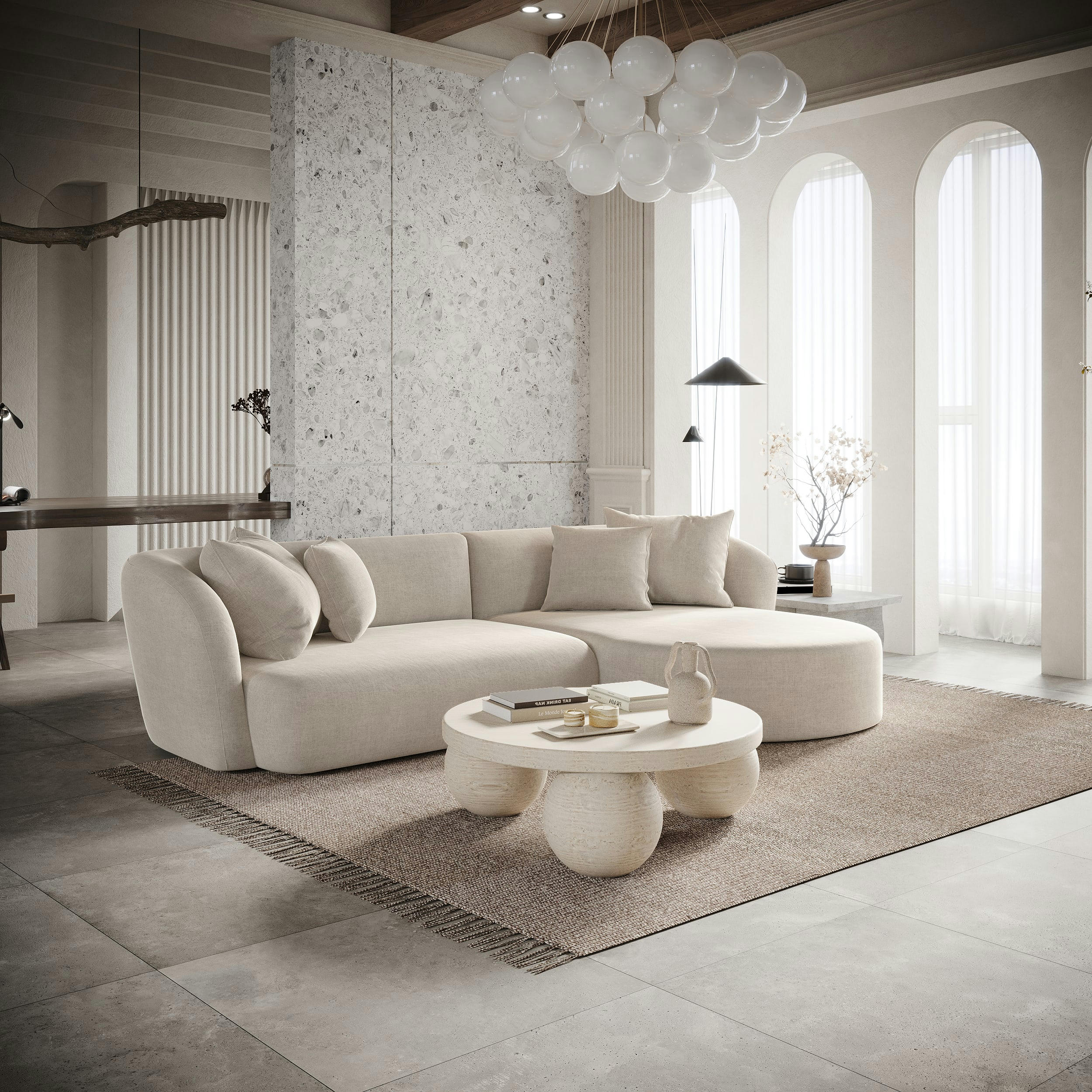 EMY - Canapé d'angle droit velours crème