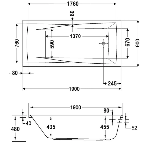 Rechteck-Badewanne »Atlanta«, BxHxL: 90 x 48,5 x 190 cm, Körperform