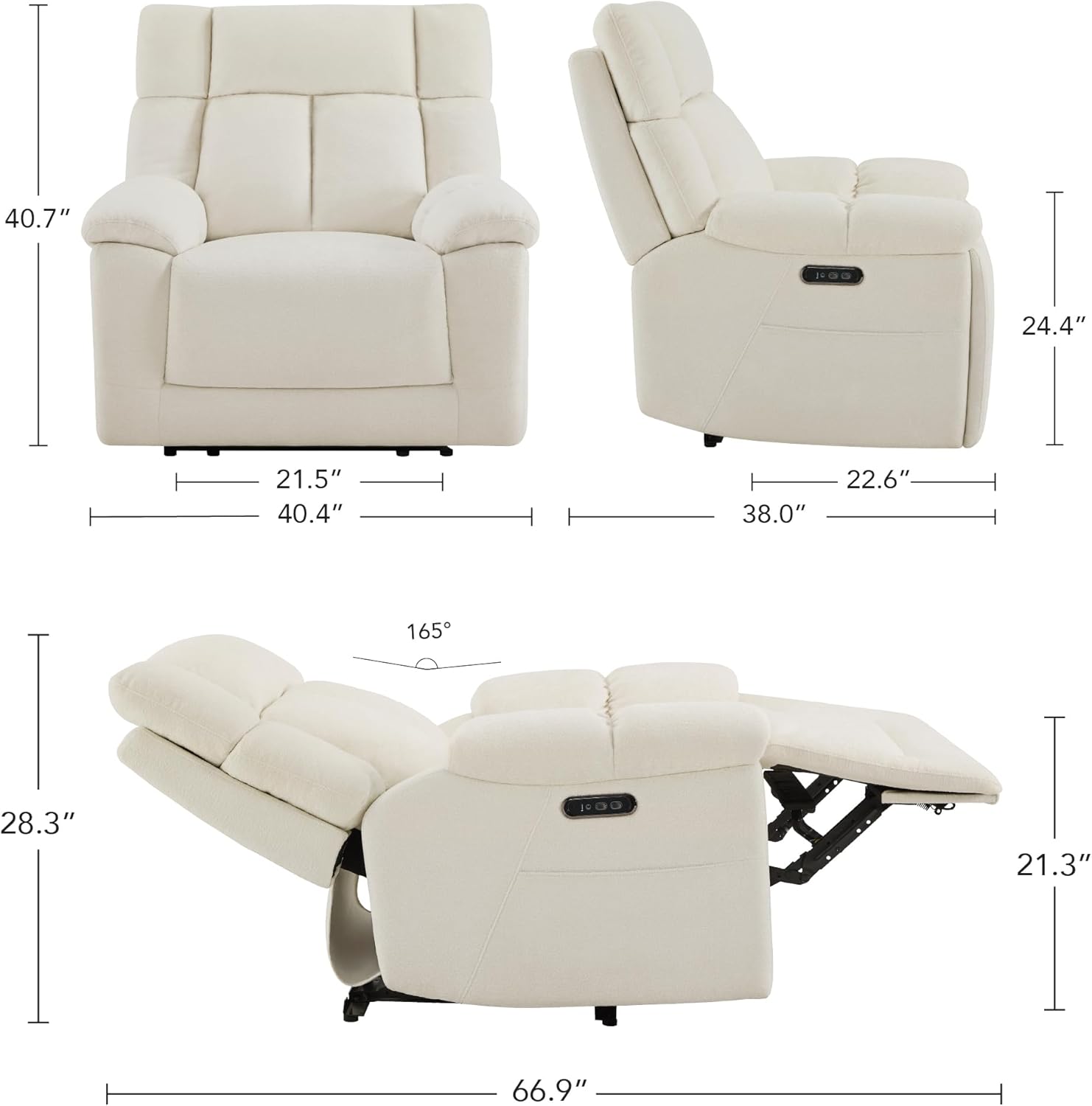 CHITA Oversized Power Recliner Chair with Bluetooth Speakers for Adults, Lay Flat Recliner with Power Lumbar Support, Manual Winged Headrest and USB & Type-C Charging Ports, Cream