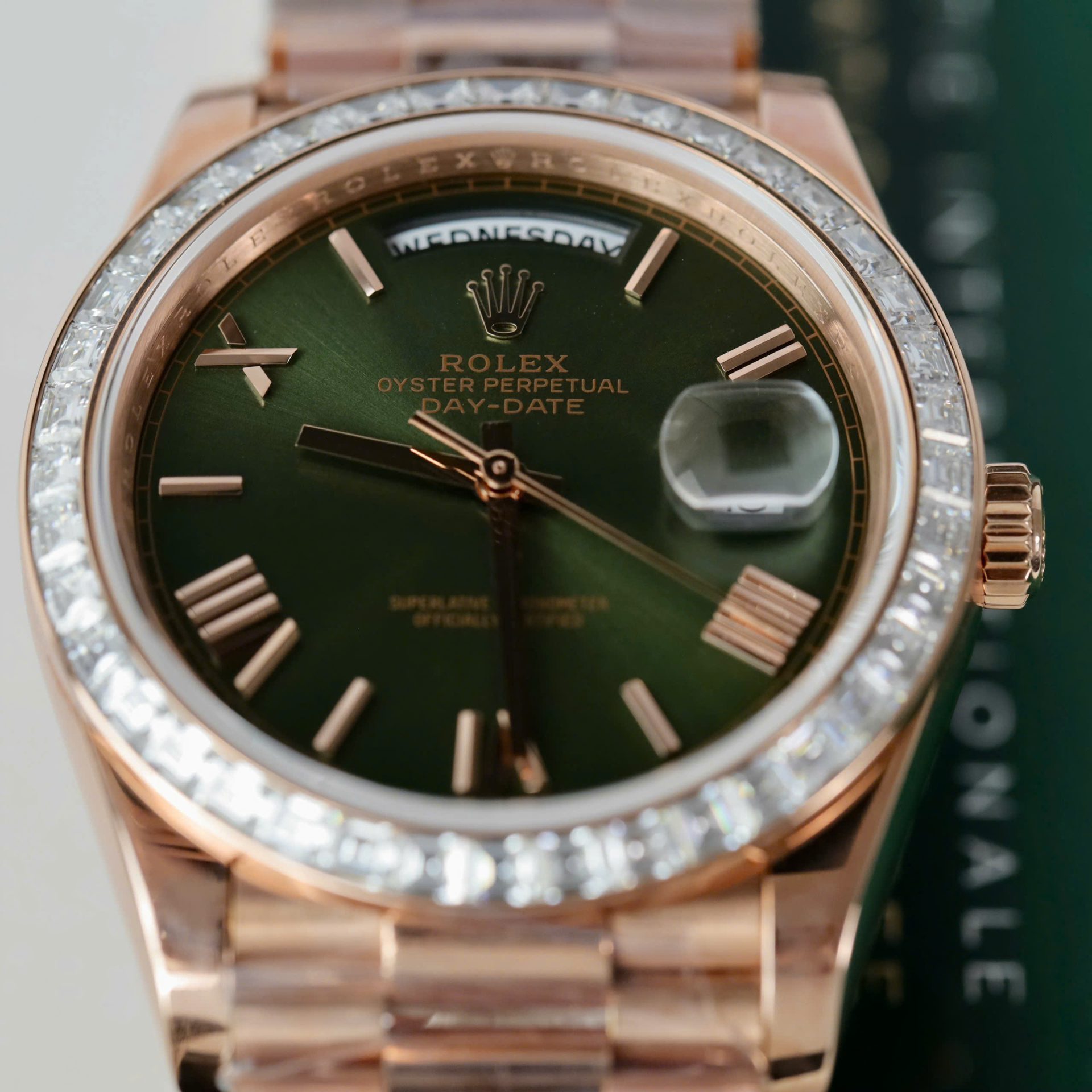 Rolex Day-Date RG Plated Green Dial Baguette Diamond 40mm Super Clone