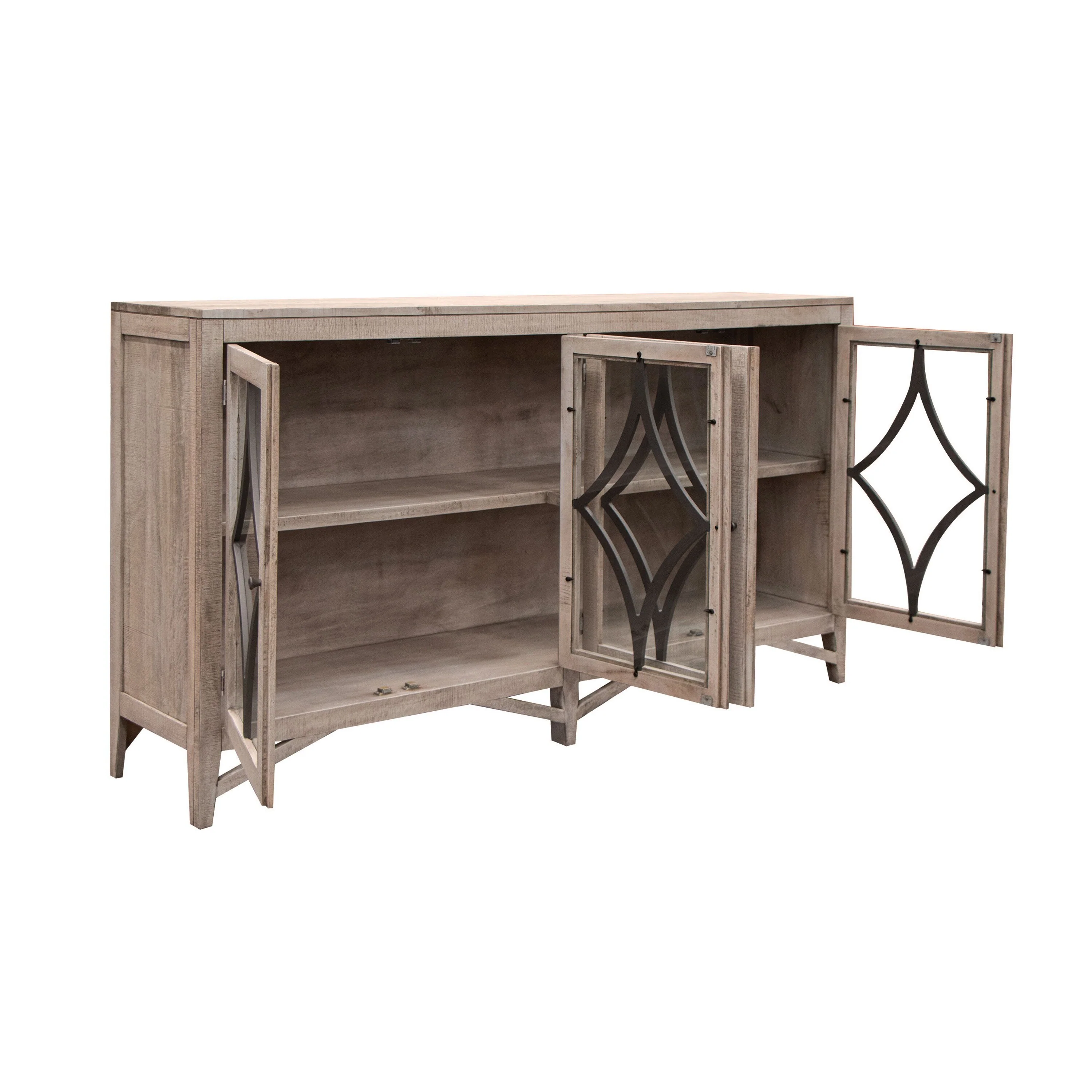 Rien Sideboard Console, 4 Glass Doors, Wire Brushed Brown Wood 80 Inch