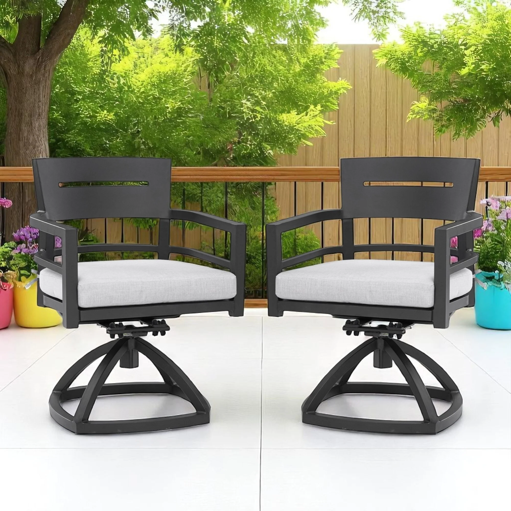 KISRAIS Modern Classic Outdoor Patio Cast Aluminum 2PCs Dining Swivel Rockers, Sunbrella Fabric Cushion