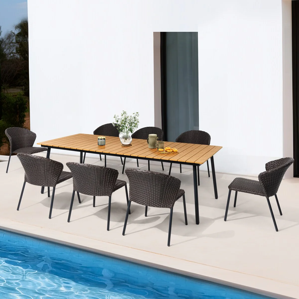 Outdoor Dining Set Aluminum Dining Table with PE Rattan Stacking Chairs - Set of 9