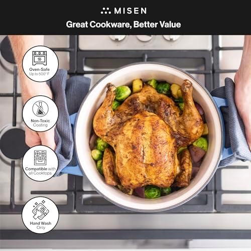 Misen 7 QT Enameled Cast Iron Dutch Oven - Chip-Resistant Enamel Coating - Thick Iron Core For Heat Retention - Large Cooking Surface - Oven Safe, Induction Compatible - Traditional Lid, Blue
