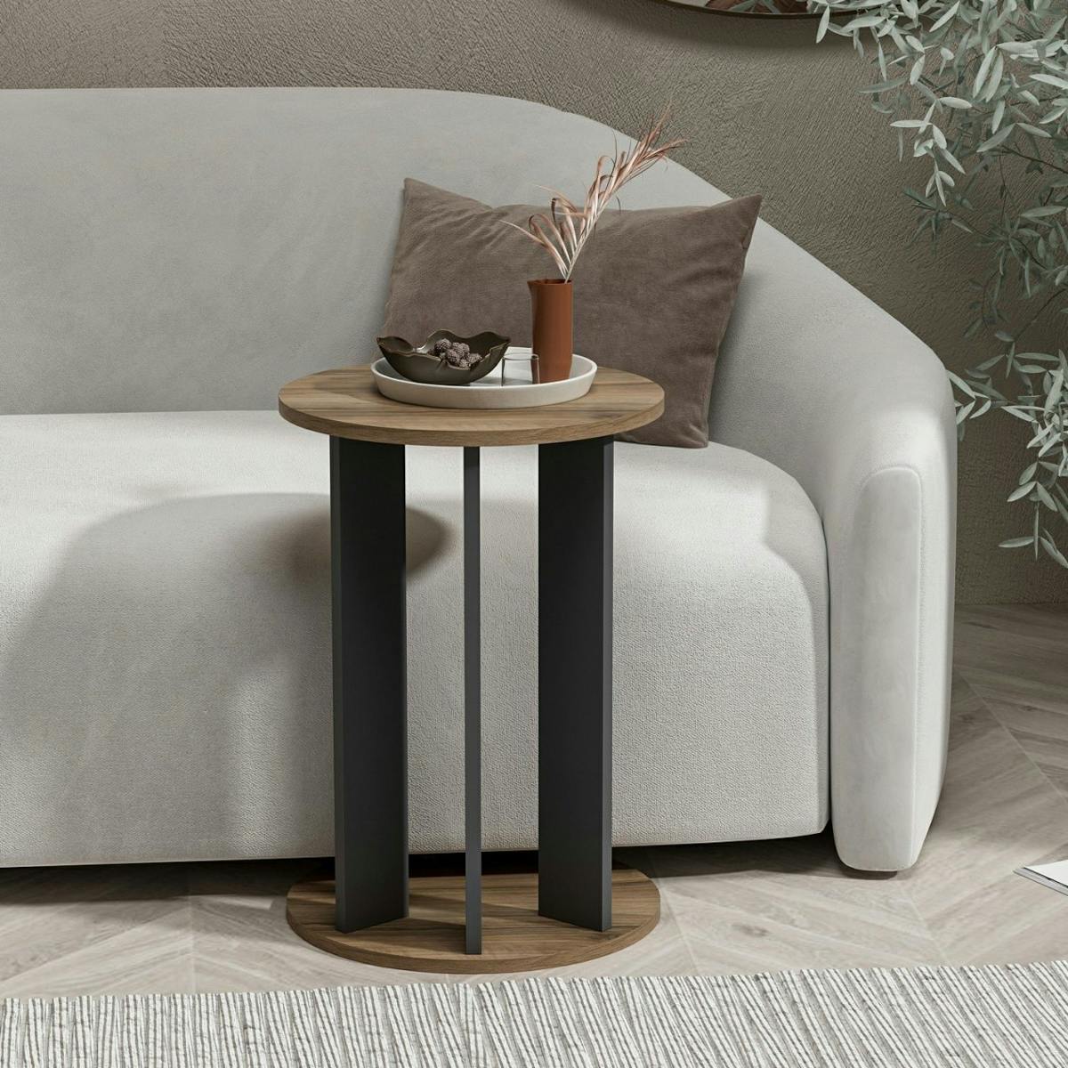 Bout de canapé rond décor bois foncé pied métal MARFA
