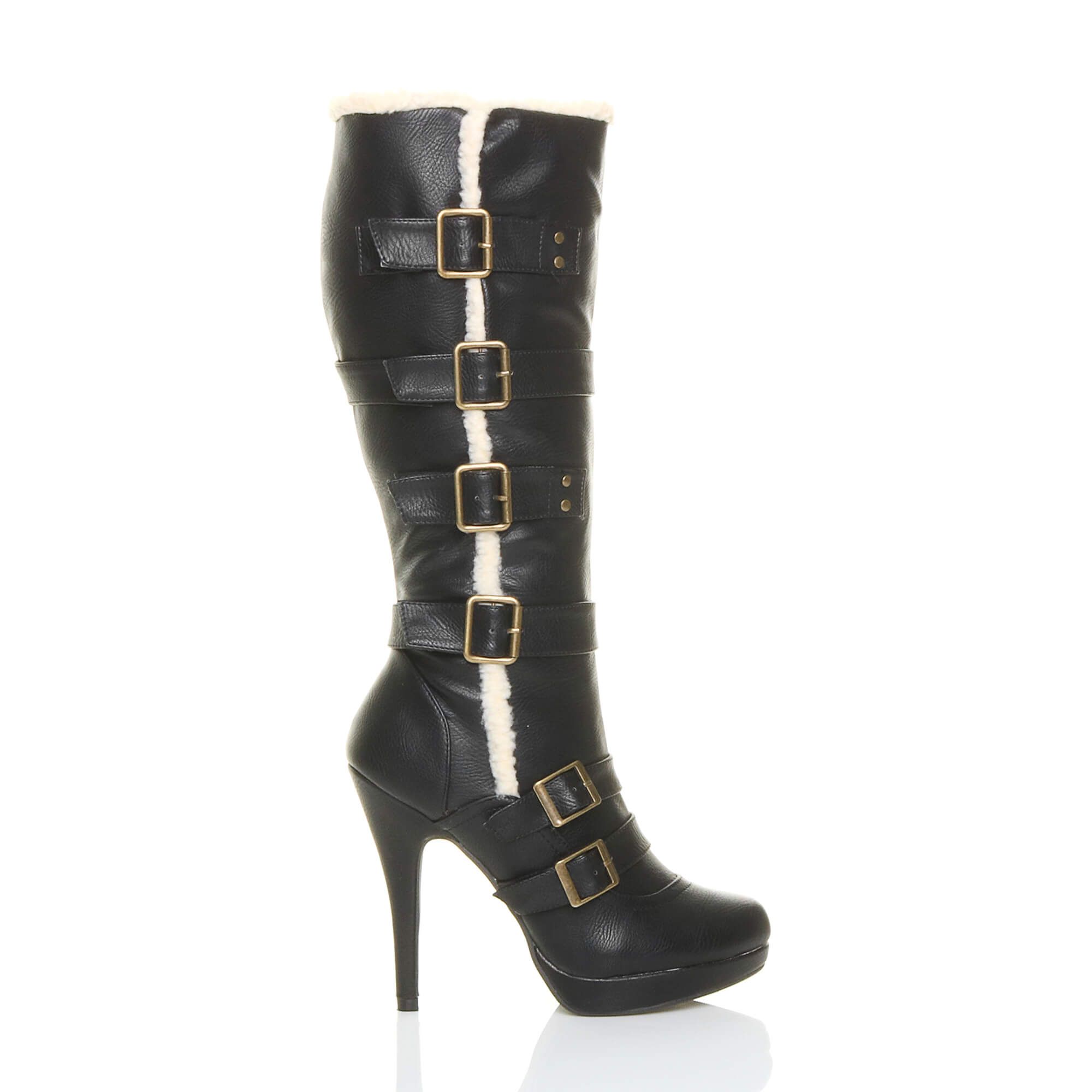AJVANI High Heel Aviator Shearling Trim Platform Calf Boots