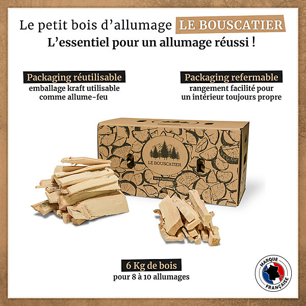 6Kgs de bois d'allumage pour cheminée, poêle, Barbecue, brasero et cuisinière. Buchettes de 20cm essence feuillu sec. Boite allume