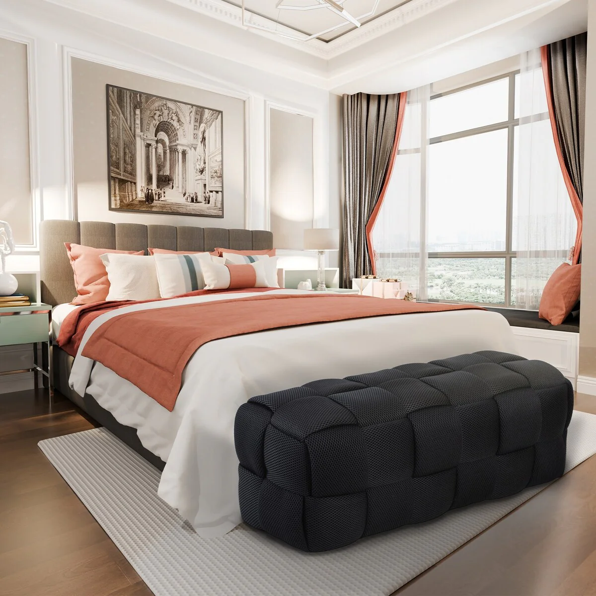 Modern 3D Breathable Fabric Large Ottoman Bench