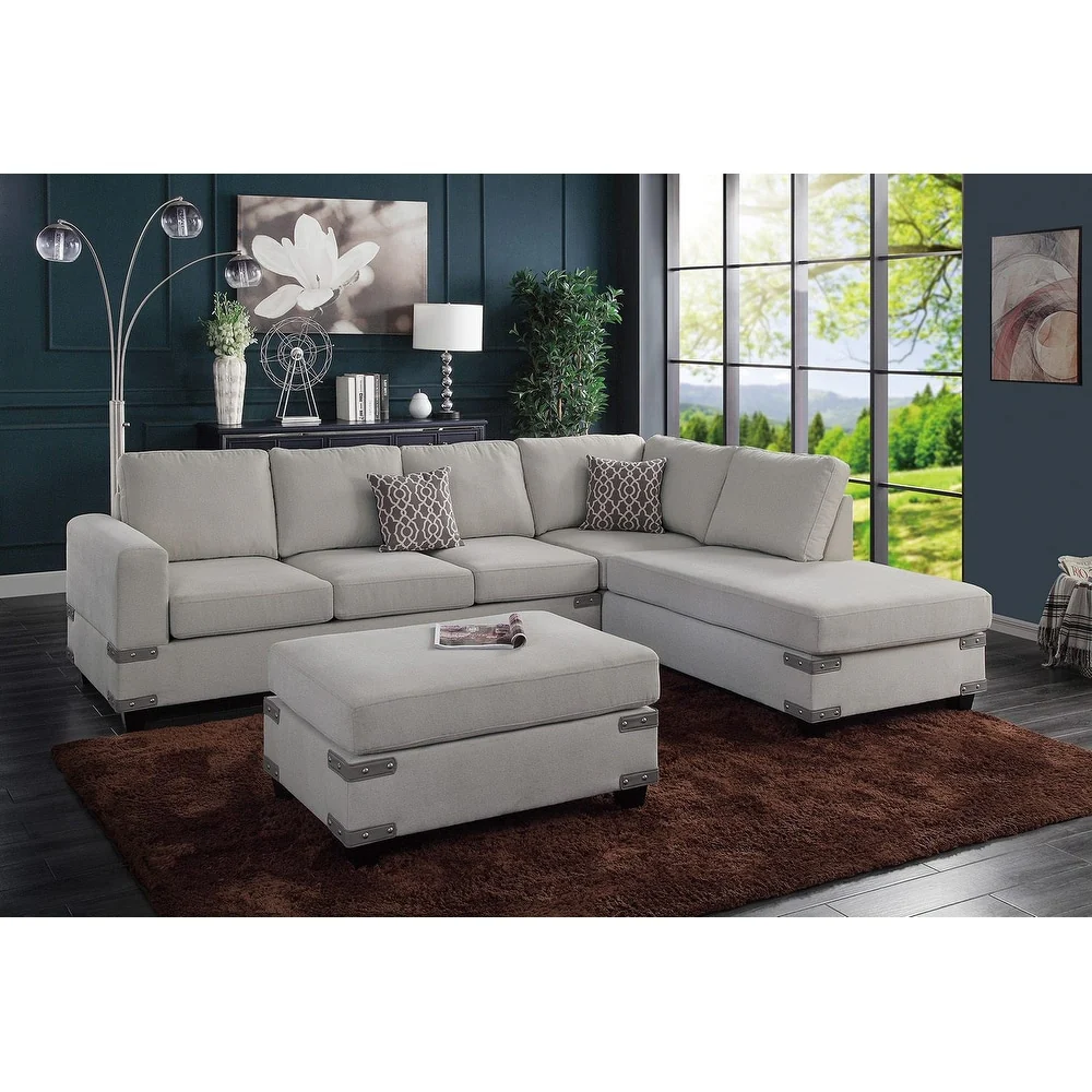 Poundex 3 Piece Fabric Sectional Sofa Set with Ottoman