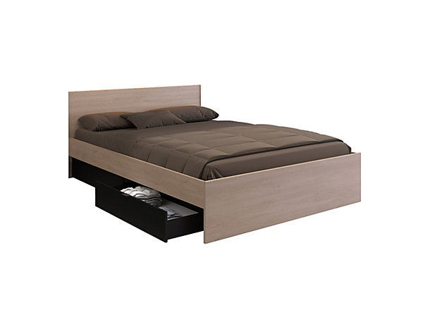 Lit avec 2 tiroirs 160 x 200 cm - Coloris : Naturel et noir   sommier - VELONA