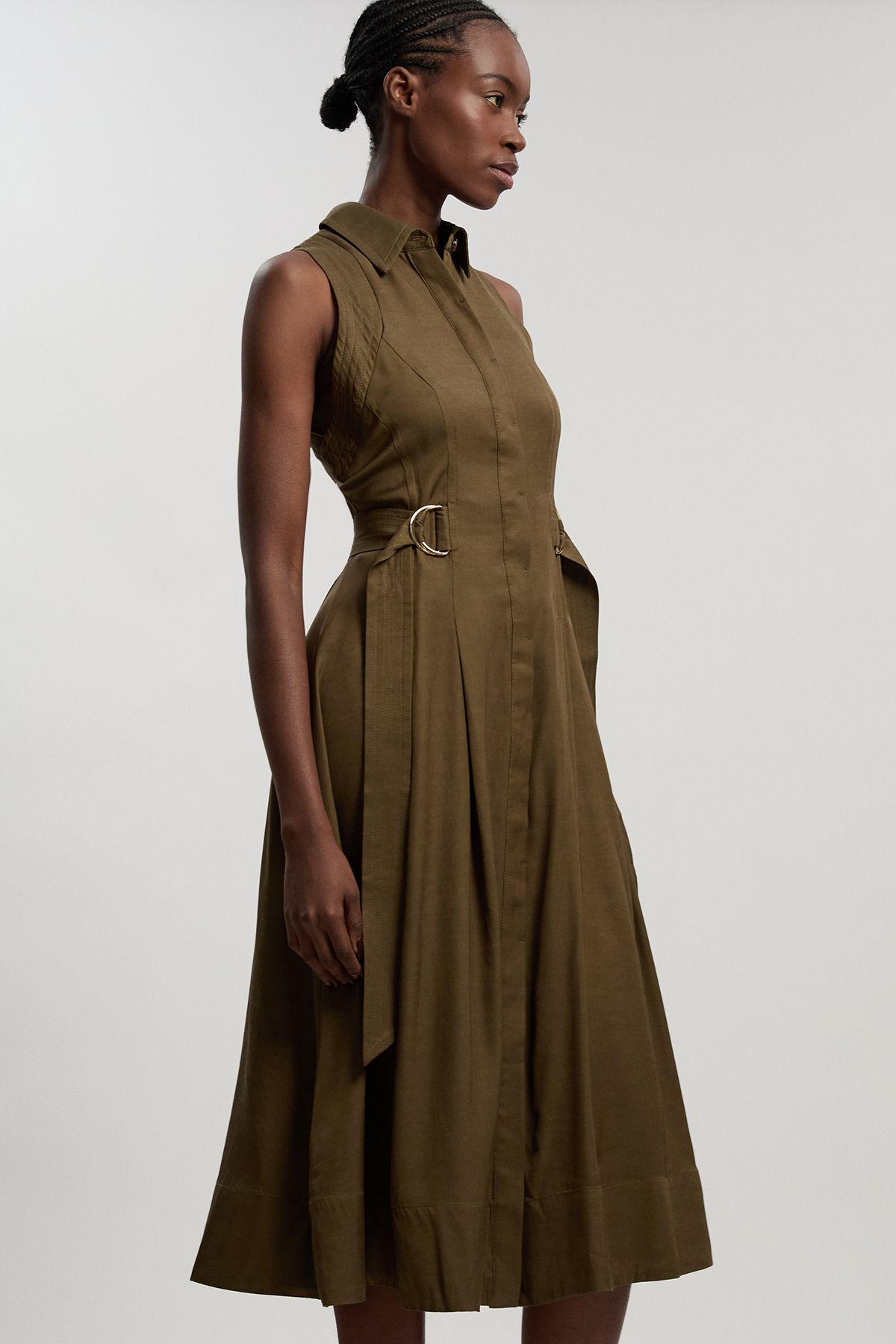 KarenMillen Premium Viscose Linen Topstitch Halter Neck Woven Midi Dress With D Ring Detail