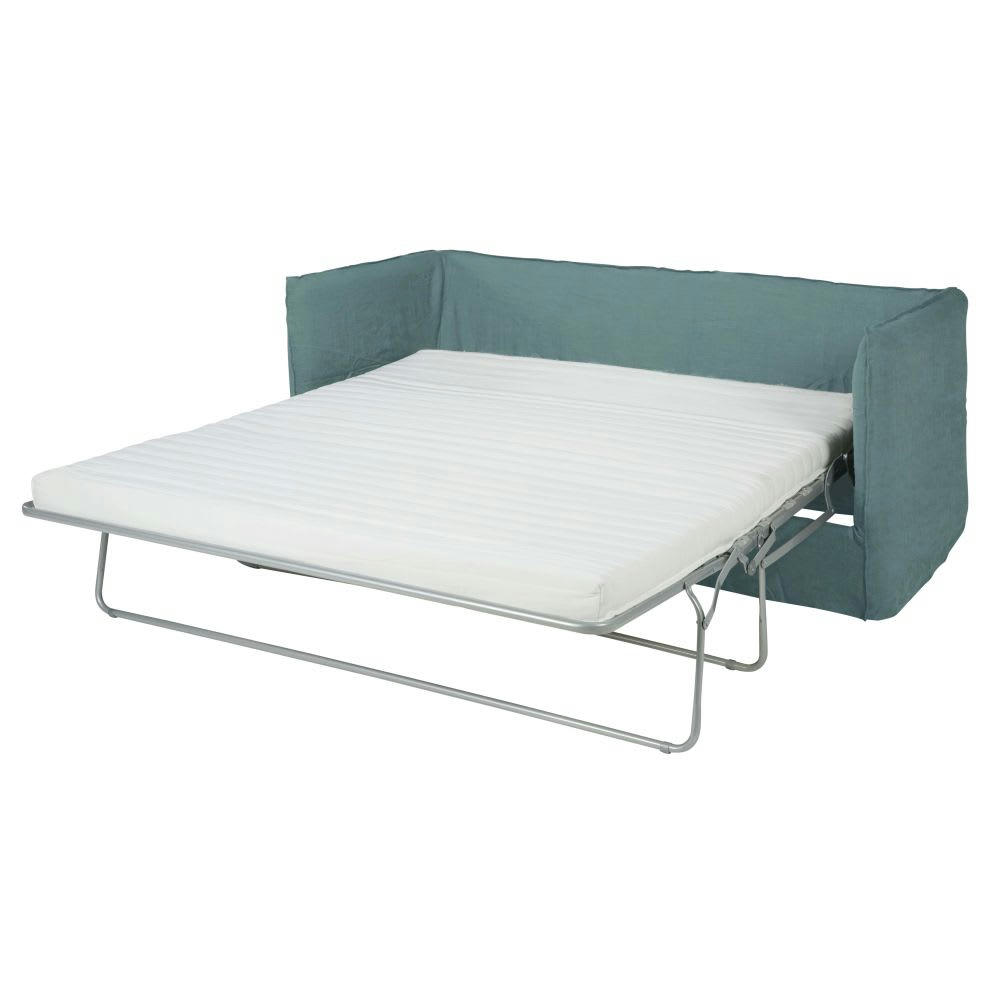 Louvain - Canapé convertible 3/4 places en lin bleu céladon, matelas 10 cm