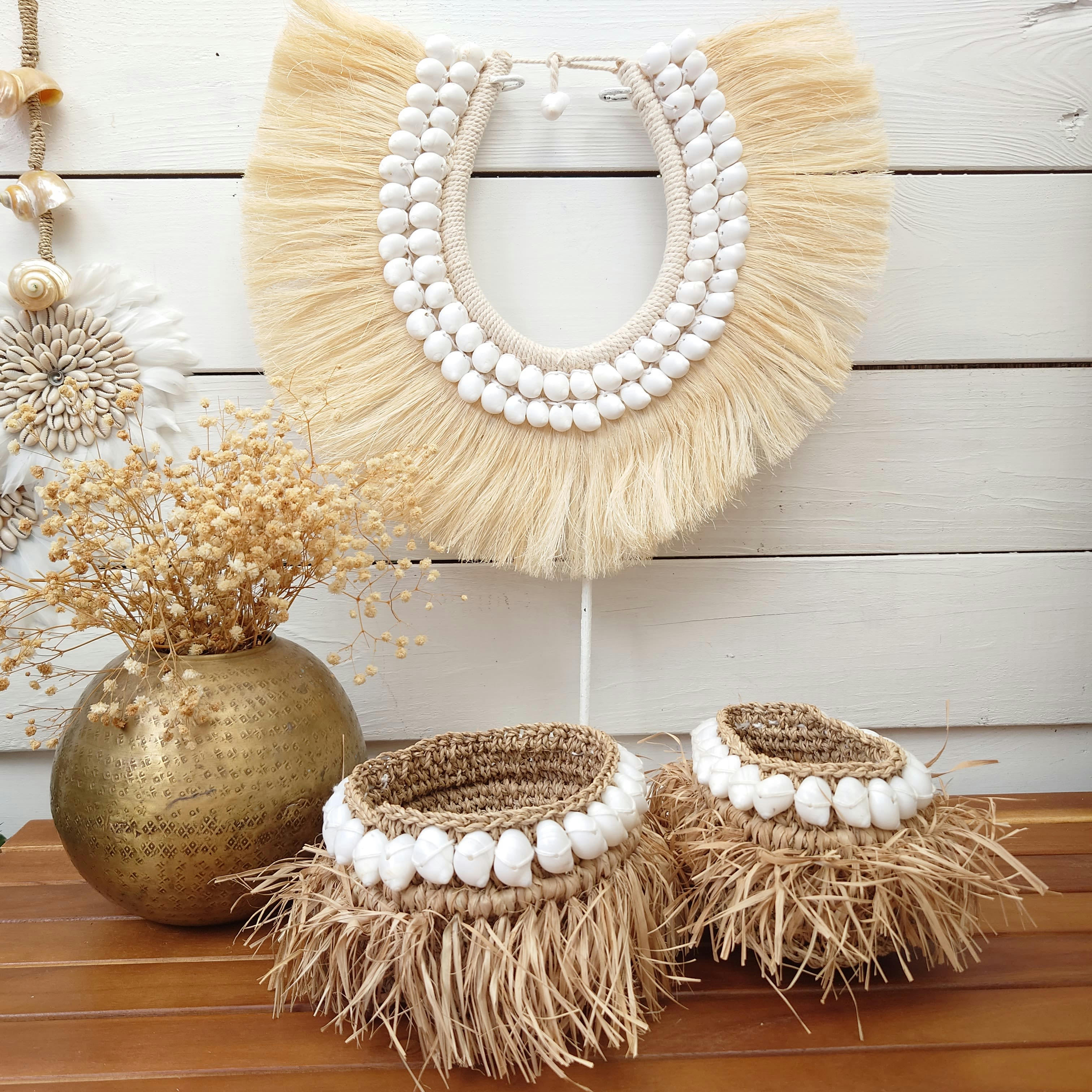 ABACA - Collier en fibre naturel d'abaca, blanc L45 x H35 cm