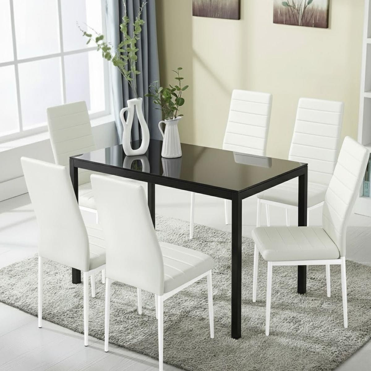 KOSY KOALA Black Glass Dining Table With Set of 6 White Faux Leather Chairs
