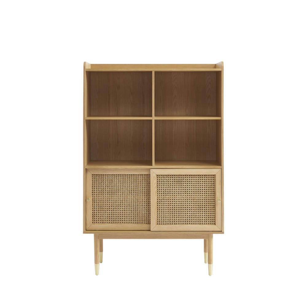 BOMBONG - Bibliothèque 2 portes, 4 niches en bois et cannage H152cm bois clair