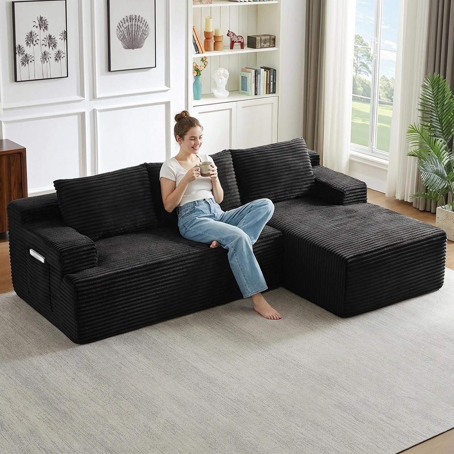 96 Cloud Sectional Couch with L-Shape Chaise, Modular Comfy Sofa Chaise Longue, Upholstered Corduroy Couches Sleeper with Deep Seat for Living Room Bedroom, No Assembly Required(Black, Right Facing)