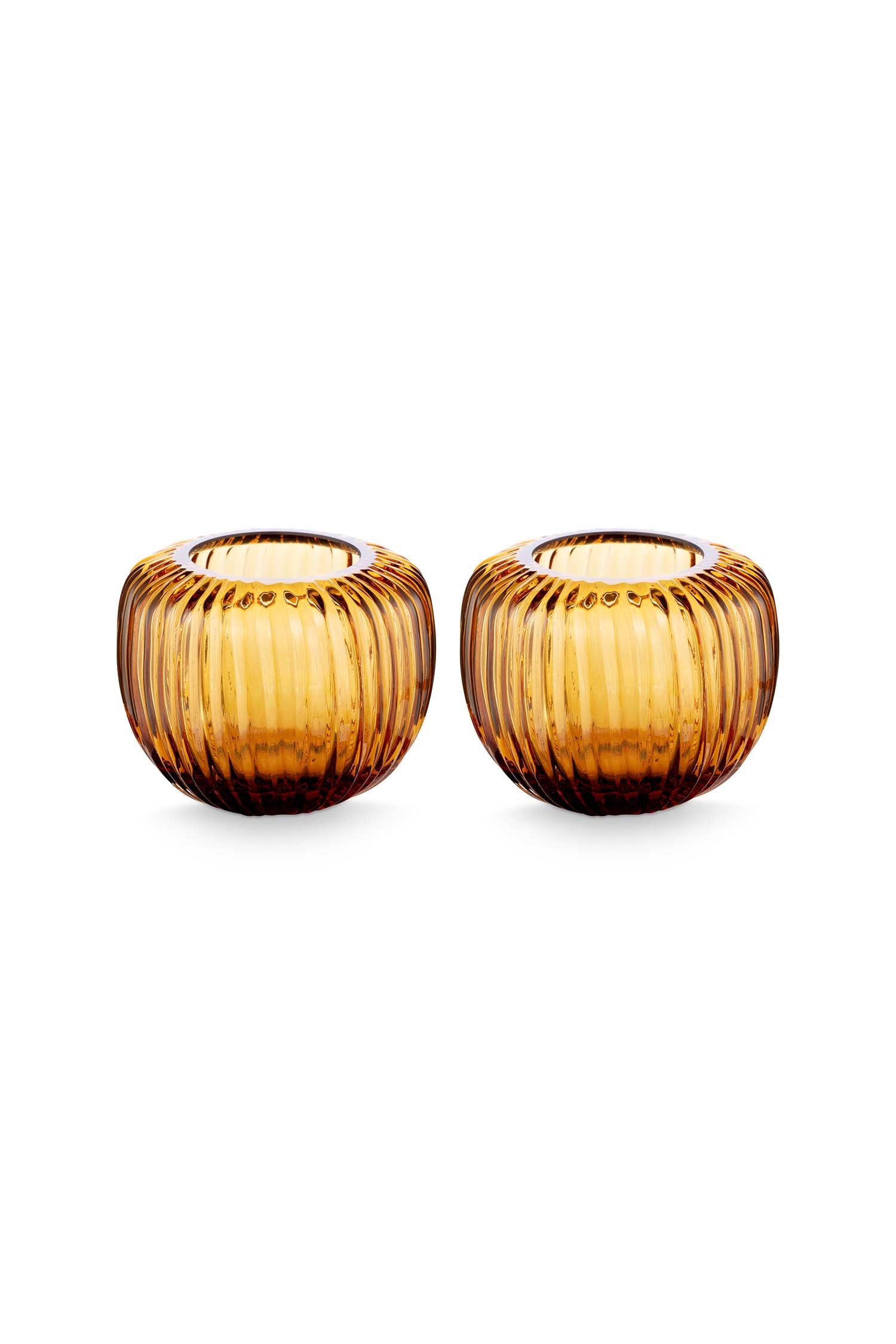 vtwonen Set/2 Waxinelichthouders – Glas Amberbruin – Theelichthouders Woonaccessoires – 11x9 cm