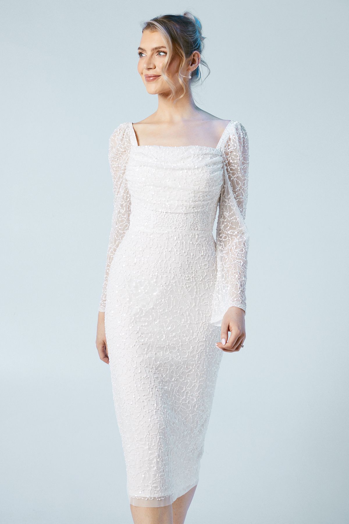 Coast Sequin Flare Sleeve Column Wedding Midi Dress