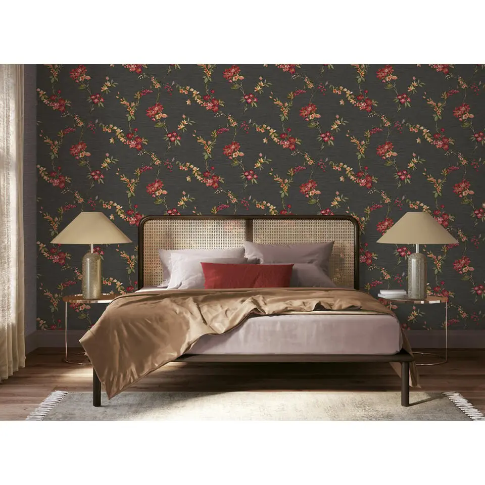 Dutch Wallcoverings Vliesbehang Fabric Touch flower - zwart - 10,05m x 53cm