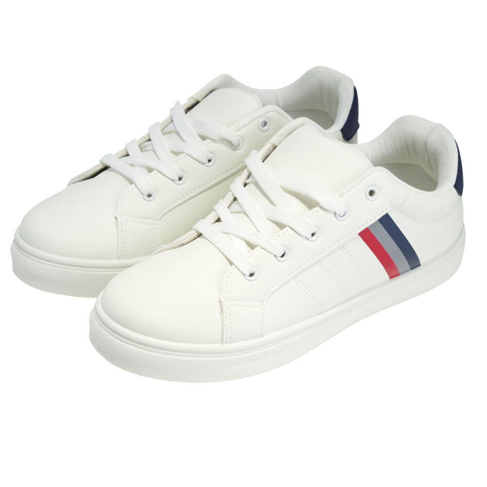 Baskets unisexe simili blanc rayures rouges et bleues T43