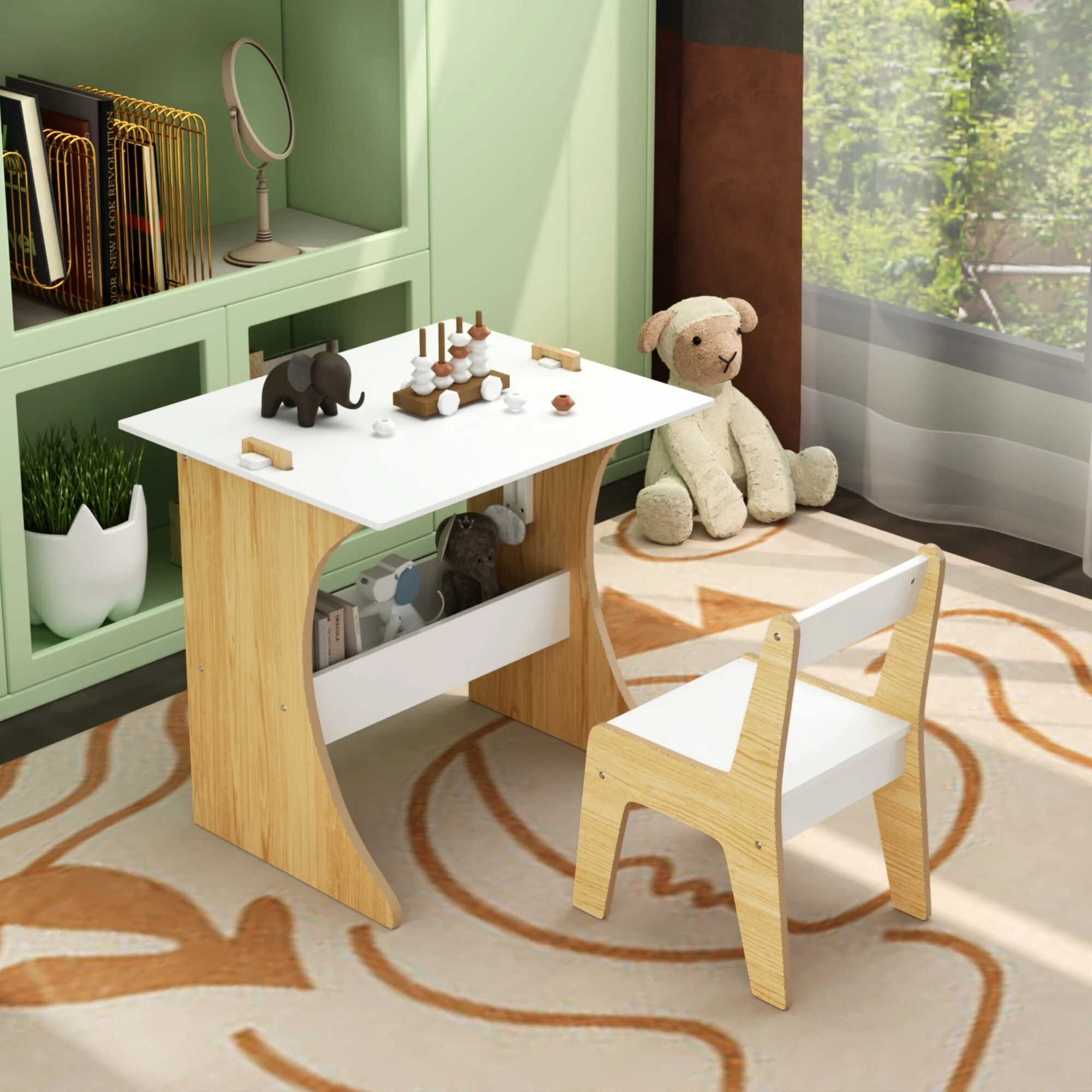 Kids Table Set with One Chair, Multifunctional Wooden Children Study Table