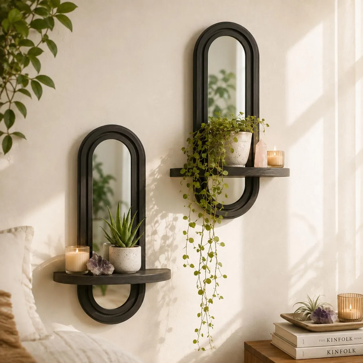 Wood Floating Shelf with Arched Mirror – Boho Wall Decor Wall Mounted Organizer for Keys and Mail Living Room Accent Decor.